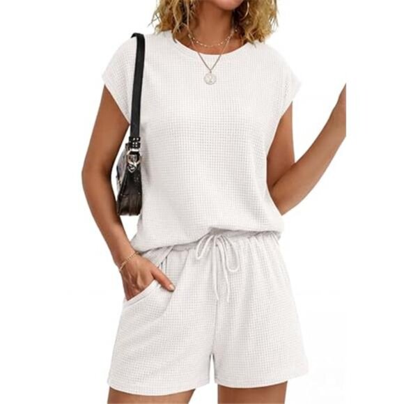 Women's 2 Piece Set Summer Waffle Knit Cap Sleeve Lounge Set